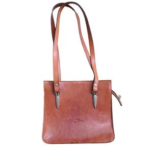 Leather Purse, Classic Brown Shoulder Bag w/ Pockets, Straps, Metallic Accents